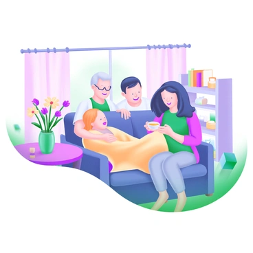 A cozy living room scene featuring a family gathered around a loved one who is resting on a comfortable sofa. The room has warm lighting, with a small table beside the sofa holding a vase of fresh flowers. A family member is seated on the sofa, wrapped in a soft blanket, while others are sitting close by, displaying expressions of care and concern. One person is gently holding the loved one's hand, while another is offering a cup of tea. In the background, there is a bookshelf filled with books and a window with soft curtains letting in natural light. The atmosphere reflects warmth and support among family members.
