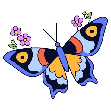 A close-up view of a butterfly wing displaying intricate details. The wing features vibrant patterns in shades of blue, orange, and black. Each scale on the wing is sharply defined, with shimmering highlights that enhance the colorful designs. Small illustrations of flowers are placed alongside the wing, complementing the natural beauty of the butterfly. The background is a simple gradient that does not distract from the main subject.