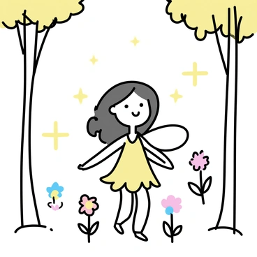 A tiny fairy with delicate wings stands in the center of the image. She has long flowing hair and a gentle smile, dressed in a dress made of flower petals. Surrounding her are glowing flowers in various colors, illuminating the scene with a soft, warm glow. Tall trees frame the background, their trunks slender and tall. Soft light filters through the leaves above, creating dappled patterns on the ground beneath her.
