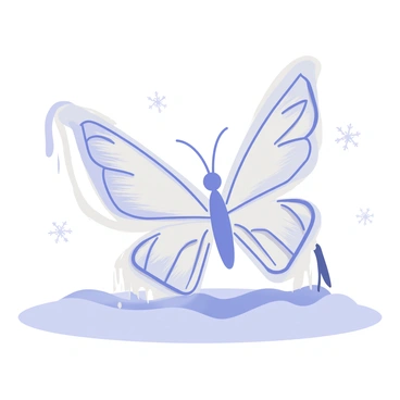 An ice sculpture of a butterfly with intricate, detailed wings, capturing the delicate features and patterns found in nature. The sculpture is placed on a snowy surface, reflecting the light. The sunlight glistens on the ice, creating a sparkling effect. There are small icicles hanging from the edges of the sculpture, adding to the winter theme. The background features soft, white snowflakes gently falling, enhancing the wintry atmosphere.