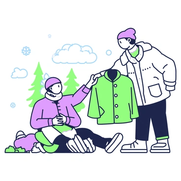 A beggar is sitting on the ground with a weathered expression, surrounded by a few scattered belongings. He is wearing tattered clothing, with his hands clasped together in front of him. A passerby stands next to him, extending a warm coat towards the beggar. The passerby is dressed in a thick winter jacket, with a scarf wrapped around their neck. The background shows frosty trees and a cloudy sky, indicating that it is a cold winter day. A few snowflakes are gently falling from above, adding to the chilly atmosphere.