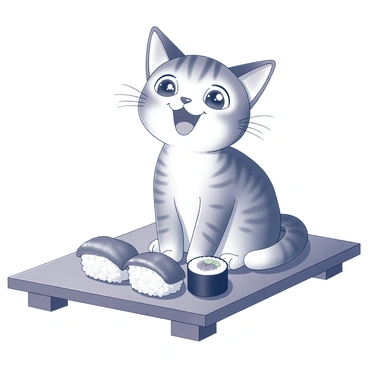 A cat with prominent round features and large sparkling eyes sits contentedly. The cat is surrounded by various sushi pieces, each piece shaped distinctly, showcasing the details of sushi such as rice and seaweed. The setting includes a traditional wooden table with a smooth finish. The arrangement emphasizes the contrast between the cat and the sushi, highlighting the cat's joyful expression in this visually engaging scene.