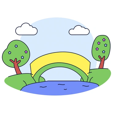A simple bridge with a curved shape spanning over a small stream. The bridge is painted in bright yellow and green colors. The stream below has gentle ripples and reflects the colors of the bridge. Lush green trees with a few colorful flowers are placed on either side of the bridge. There is a clear blue sky above, and fluffy white clouds are scattered. The scene captures the idea of a journey, inviting viewers to imagine crossing the bridge.