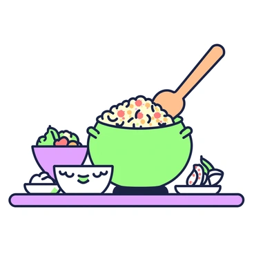 A traditional brass pot is positioned on a wooden table, showcasing a generous serving of biryani. The pot is round and polished, reflecting light in subtle highlights. A large wooden spoon rests against the side of the pot, with a portion of biryani elegantly scooped up, revealing grains of rice, tender meat, and spices. In the background, there are small bowls with side dishes, such as yogurt and salad, arranged neatly on the table. The scene is warm and inviting, emphasizing the delicious meal being served.