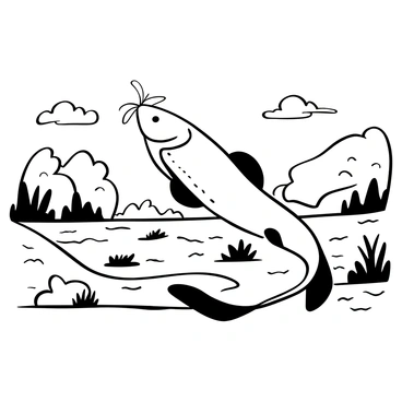 An enormous catfish with prominent whiskers and a long, streamlined body is emerging from the depths of a murky river. The water is disturbed, creating ripples around the fish as it breaks the surface. Shadows of aquatic plants can be seen beneath the water, adding to the murky atmosphere. The riverbank is lined with jagged rocks and patches of weeds, providing a natural habitat for the catfish. Above the water, the sky is overcast, casting a dull light over the scene.