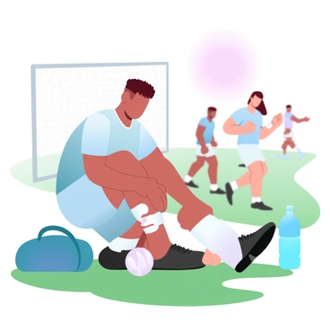 A young athlete with short hair is kneeling on a grassy field while applying a bandage to a scraped knee. The athlete is wearing a colorful sports jersey and shorts, with visible dirt smudges on the clothing. A sports bag and a water bottle are placed beside them on the ground. In the background, there are other athletes engaged in post-game activities, and a goalpost is partially visible. The sun is setting, casting a warm glow over the scene.