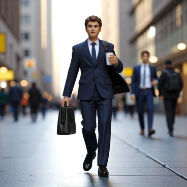 A character with short brown hair and wearing a dark blue suit rushes down a city street. They hold a white coffee cup in one hand and a black leather briefcase in the other. The character has a focused expression on their face as they navigate past tall buildings and bustling pedestrians. The pavement is slightly wet, reflecting the surrounding city lights. Their shoes are polished and sleek as they move quickly to their destination.
