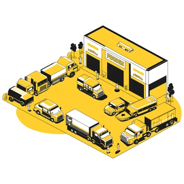 A large truck dealership featuring numerous models of trucks parked in organized rows. The trucks vary in size and design, showcasing a mix of heavy-duty and mid-sized vehicles. Each truck is prominently displayed, showing off details such as chrome accents and unique body shapes. The dealership has a large sign with the name of the dealership prominently featured. There are a few customers inspecting the trucks and a salesperson standing nearby, ready to assist. The ground is paved and neatly maintained, creating a polished appearance for the dealership.