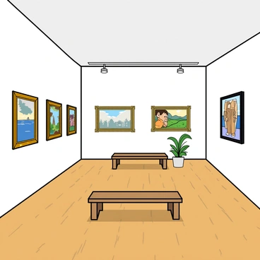 A spacious art gallery with white walls and polished wooden floors. Various illustrations are framed and hanging evenly spaced on the walls. Each illustration features distinct colors and themes, creating a vibrant display. Some frames are ornate and golden, while others are simple and black. The gallery has soft, bright lighting that highlights each piece, casting gentle shadows on the floor. In the center, there are two benches for visitors to sit and admire the art. A small potted plant sits in the corner, adding a touch of green to the space.