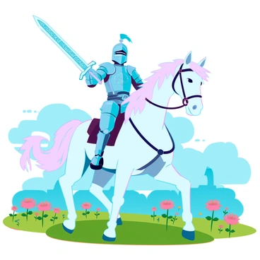 A valiant knight wearing shining silver armor is riding a majestic white horse. The knight holds a gleaming sword high in the air, reflecting light with intricate engravings on the blade. The horse has a flowing mane and a strong build, galloping forward with determination. The knight's helmet features a plume, adding a regal touch to the figure. Lush green fields stretch out in the background, dotted with colorful wildflowers, while a bright blue sky with fluffy white clouds creates a vibrant atmosphere.