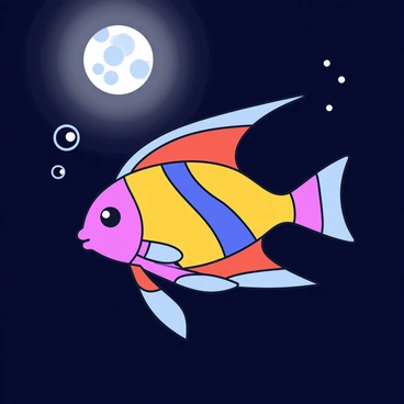 An angelfish with vibrant orange and blue stripes is swimming gracefully through dark, clear water. The fish has elegant fins that flow behind it, creating a sense of movement. Soft moonlight filters down from above, casting gentle highlights across the fish's scales. The surrounding water is calm and serene, with faint ripples reflecting the silvery glow of the moon. Small bubbles can be seen escaping from the fish as it glides through its underwater environment.