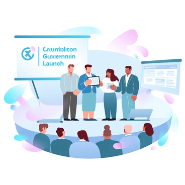 A group of officials is standing on a stage at a tech event, presenting the launch of a new government website. They are dressed in formal attire, with one official holding a tablet showcasing the website interface. A large banner behind them displays the website logo and the words "New Government Website Launch." In the foreground, an audience is attentively watching the presentation, and a projector screen to the side shows a visual of the website's features. Colorful spotlights illuminate the stage, creating a dynamic atmosphere.