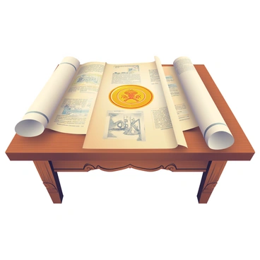 A collection of ancient scrolls is unfurled on an ornate wooden table. Each scroll is made of aged parchment, displaying intricate calligraphy and faded illustrations. The scrolls are varied in size, with some tightly rolled while others lay fully extended. At the center of the display is a large scroll featuring an elaborate king's seal, embossed in gold, signifying royal authority. The table has carved details on its edges, and there is a soft, warm light illuminating the scrolls, casting gentle shadows that enhance their textures and details.