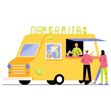 A compact truck with a bright yellow exterior is parked on a sunny street. The truck's side features a large sign that reads "Margaritas" in cheerful green letters. There are several lime slices securely attached to the truck's side, enthusiastically showcasing the drink theme. The serving window of the truck is open, revealing a cheerful bartender preparing drinks. Each margarita glass is garnished with a salt rim and a fresh lime slice on the edge. Colorful plastic cups filled with margaritas are lined up on the counter, ready to be served. A few patrons are gathered around, chatting and enjoying the vibrant atmosphere.