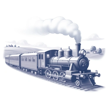 A classic steam train with a large, billowing smokestack is moving along a winding track. The train is composed of several vintage carriages, each with distinct details such as large windows and ornate metalwork. In the background, rolling hills create a picturesque countryside setting, dotted with trees and an occasional farmhouse. The sky above features soft clouds, framing the serene landscape. The scene captures the essence of travel during a bygone era.