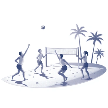 A group of four friends is engaged in a game of volleyball on a sandy beach. One friend is jumping high to hit the ball, while another is preparing to serve from the back line. The third friend is positioned near the net, ready to block, and the fourth friend is sprinting to the side to chase the ball. The sun shines brightly overhead, casting sharp shadows on the sand, which is textured with footprints and shells scattered around. Palm trees line the edge of the beach, swaying slightly in the breeze. The scene captures the energy and excitement of a day spent playing sports outdoors.