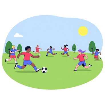 A wide-open grassy field under a clear blue sky. Several children are actively playing a lively soccer game. Two teams, one wearing red jerseys and the other in blue, are running energetically across the field. One child is in the process of kicking a black and white soccer ball, while others are running to position themselves. There are a few trees lining the edges of the field, and a bright sun is shining overhead, casting soft shadows on the ground.