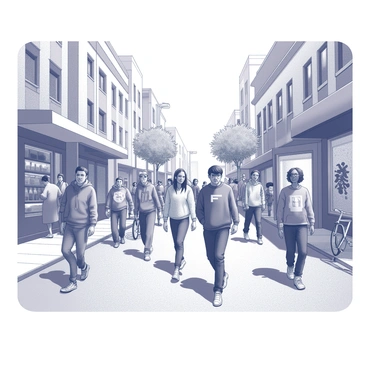 A busy city street filled with a variety of people. Individuals of different ethnicities and styles walk along the sidewalk, wearing fashionable streetwear. Some have oversized jackets, while others sport colorful sneakers and graphic tees. There are small groups conversing, with a mix of expressions on their faces. Storefronts line the street, displaying an array of goods, while urban art adorns the walls nearby. A bicycle leans against a lamppost, and trees are interspersed along the road, adding life to the urban setting.