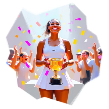 Serena Williams is standing on a stage, beaming with a big smile as she celebrates her victory. She is wearing a vibrant sports outfit that reflects her dynamic personality, and her hair is styled in a sleek ponytail. Confetti is falling around her, adding to the festive atmosphere. In the background, there are bright lights illuminating the stage, and a cheering crowd can be seen, expressing their excitement and admiration for her achievement. A trophy is held in her hands, symbolizing her hard work and triumph.