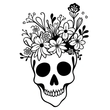 An ornate skull positioned at the center of the image, intricately detailed with floral motifs. Emerging from the eye sockets and the top of the skull are various flowers, including roses and lilies, their stems winding elegantly. The flowers display a rich variety of shapes and sizes, creating a stark contrast with the skull's texture. Delicate vines and leaves intertwine among the flowers, enhancing the arrangement's complexity. The overall composition embodies the juxtaposition of beauty and darkness.