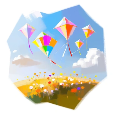 A vibrant scene featuring several colorful kites soaring high in a clear blue sky. Each kite is uniquely shaped, displaying a variety of bright colors and patterns, such as stripes, polka dots, and geometric designs. Below, a gentle grassy hill rolls across the landscape, dotted with patches of wildflowers in shades of yellow and purple. The sun shines brightly, casting soft shadows on the hill, while a few fluffy white clouds float lazily across the sky. The kites dance gracefully in the wind, creating a lively and cheerful atmosphere.