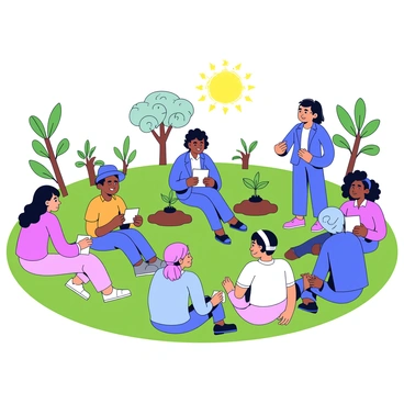 A diverse group of people gathered in an open field for an outdoor workshop on agroforestry practices. Some individuals are sitting on the grass, listening attentively to a speaker who is demonstrating planting techniques. Others are holding notepads and jotting down notes. In the background, there are young trees and various plants that illustrate agroforestry practices. A few participants are actively engaged in hands-on activities, planting seedlings in the soil. The sun is shining brightly, enhancing the vibrant colors of the scene.