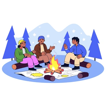 A group of three explorers sits around a campfire, which emits a warm glow. The explorers are dressed in rugged outdoor clothing, with one wearing a green jacket, another in a brown vest, and the third in a blue shirt. They are engaged in a lively discussion, gesturing towards a large, detailed map spread out on the ground in front of them. Surrounding the campfire are several logs used as seats. In the background, silhouettes of tall trees and a starry night sky can be seen, adding to the remote atmosphere of the scene. A pot hangs over the fire, gently steaming.