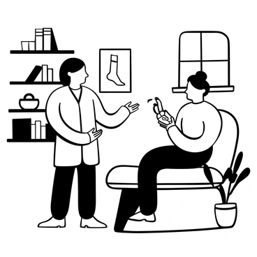 A doctor wearing a lab coat is standing next to a patient seated on an examination table. The doctor is holding a model of a foot and gesturing towards it while speaking. The patient is attentively looking at the model, with a notebook and pen on their lap. The medical office features shelves with books, a chart of the human foot on the wall, and a potted plant in the corner, creating a cozy atmosphere. A window lets in light, illuminating the space.