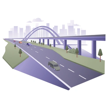 A digital flat illustration depicting a newly constructed highway stretching into the distance, with smooth, clean asphalt and freshly painted white lane markings. On the left, a modern bridge made of steel and concrete arches gracefully over a river, reflecting sunlight. There are green grass slopes on both sides of the highway, interspersed with small trees. In the background, a city skyline is visible, showcasing tall buildings indicating urban development. Vehicles can be seen traveling on the highway, symbolizing connectivity and progress. A blue sky with a few fluffy white clouds adds depth to the scene.