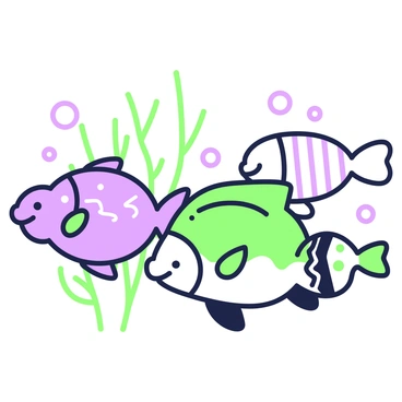 A family of fish is swimming together in a dynamic underwater scene. The fish vary in shape and size, showcasing their unique patterns. One fish has a series of wavy lines on its body, while another features spots resembling bubbles. A third fish displays a zigzag pattern. The fish are arranged in a gentle arc, creating a sense of movement. Bubbles trail behind them as they glide through the water, and a few plants sway gently in the background, enhancing the lively atmosphere of the underwater environment.