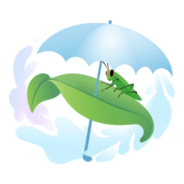 A grasshopper is perched on a vibrant green leaf that is serving as a parasol. The leaf is large, providing ample shade, with its edges gently curling downward. The grasshopper has a vivid green body with detailed textures and patterns. Sunlight filters through the leaf, creating a play of soft light and shadow. The background features a blurred array of other foliage, enhancing the focus on the grasshopper and its leafy shelter.