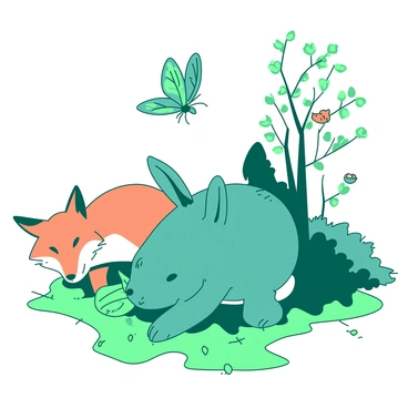 A teal rabbit is sitting on a patch of grass, nibbling on a green leaf. Nearby, an orange fox is peeking out from behind a bush, watching the rabbit intently. Above them, a colorful butterfly is fluttering in the air. In the background, a few trees provide shade, with small birds perched on the branches. The scene captures the interactions of these woodland creatures in their natural habitat.