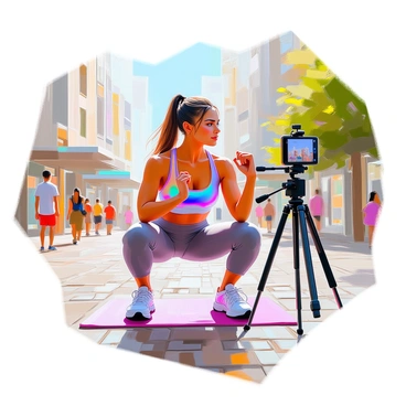 A social media influencer with long brown hair tied back is demonstrating a sumo squat challenge in a trendy urban environment. She is wearing a vibrant workout outfit consisting of a colorful sports bra and high-waisted leggings. The background features modern buildings and greenery, creating a lively atmosphere. She holds a smartphone on a tripod, capturing the exercise for her followers. The ground is paved with cobblestones, and there are some passersby in the distance, adding to the dynamic scene. The influencer is focused and energetic, showcasing her enthusiasm for fitness.