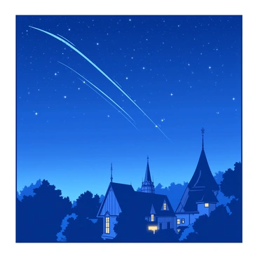A deep blue starlit night sky is stretched over Rivendell, filled with numerous sparkling stars. Shooting stars streak across the sky, casting brief trails of light. Below, the elegant rooftops of the elven architecture are visible, adorned with intricate designs and soft glowing lights. The silhouette of lush trees surrounds the building, adding depth to the serene scene.