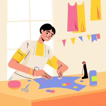 A seamstress is sitting at a wooden sewing table, focused on sewing buttons onto a colorful mini dress. She has a pair of scissors and a spool of thread next to her, with various buttons scattered around. Sunlight streams through a nearby window, illuminating the fabric and creating warm highlights. The sewing room is filled with bright fabrics hanging on the walls and a few tools neatly organized on the table. The seamstress is wearing a light apron and has a content expression as she works.