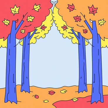 A forest with tall trees showcasing leaves in vibrant shades of orange and red. The ground is covered with a blanket of fallen leaves, adding to the autumnal atmosphere. Sunlight filters through the branches, casting dappled shadows on the forest floor. The trunks of the trees are rugged and textured, providing contrast to the colorful foliage. In the background, a clear blue sky is visible through the gaps in the branches.