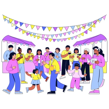 A lively street festival scene filled with vibrant decorations. Colorful banners and streamers are hanging from above, creating a joyful canopy of colors. Soft, glowing lights are strung overhead, illuminating the area with a warm glow. Groups of people are gathered together, some laughing and chatting, while others are enjoying food from various stalls. A couple of children are playing nearby, adding to the energetic atmosphere. Each individual is dressed in bright clothing, reflecting the festive spirit of the event.