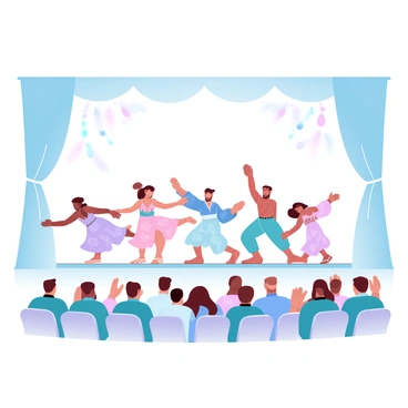 Dancers in traditional attire performing on a stage with an appreciative audience