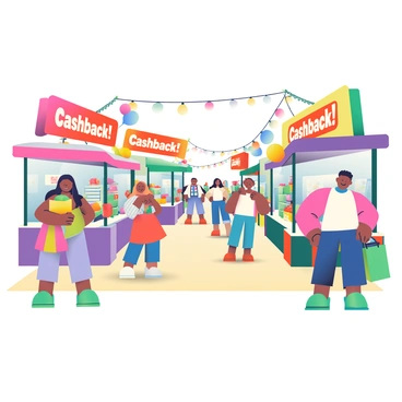 A bustling festive market scene is filled with colorful stalls and cheerful shoppers. Brightly colored banners flutter above the stalls, each adorned with the bold text "Cashback!" in large, eye-catching letters. Colorful balloons in various shapes and sizes are tied to the stalls, adding to the lively atmosphere. Shoppers of diverse backgrounds are browsing the stalls, some holding shopping bags filled with goodies. The ground is covered with a light beige sandy pathway, leading through the market, while decorations like string lights and garlands enhance the festive vibe.