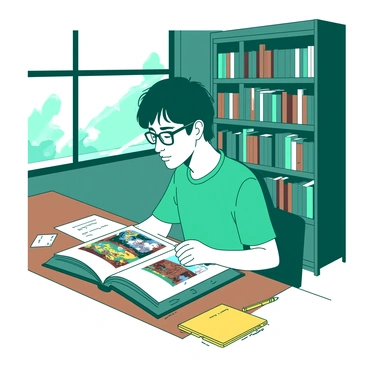 A teal student with glasses is seated at a wooden table in a campus library, surrounded by books and papers. The student is focused on a large open book with colorful images of famous artworks. On the table, there are scattered notes, a yellow sketchbook, and a yellow pencil. Behind the student, tall shelves filled with various art history books create a scholarly atmosphere. Natural light is streaming in through a nearby window, illuminating the space and adding to the ambiance of academic dedication.