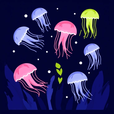 A variety of illuminated jellyfish floating gracefully in the dark ocean. Each jellyfish emits a soft glow, showcasing colors of blue, pink, and green. The water around them is a deep indigo, enhancing the radiant light from the jellyfish. Small bubbles rise to the surface, and faint silhouettes of underwater plants can be seen in the background, creating a serene atmosphere. The scene captures the tranquil beauty of marine life glowing in the depths of the ocean at night.