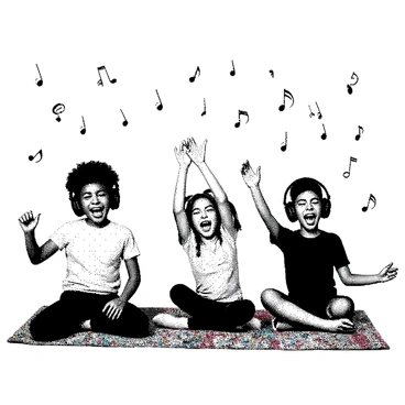 A group of three children is sitting on a colorful rug, each wearing oversized headphones. The first child, a boy with curly hair, is swaying his body with a big smile, enjoying the rhythm. The second child, a girl with straight hair tied in pigtails, is clapping her hands above her head, her eyes closed as she immerses herself in the music. The third child, a boy with a baseball cap, is tapping his feet energetically. Around them, various musical notes are floating in the air, emphasizing the joyful atmosphere of their dancing and listening experience.