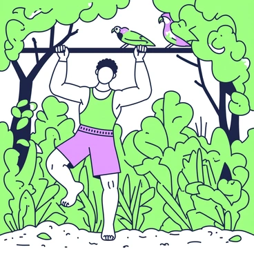 A person is performing pull-ups on a sturdy tree branch in a lush rainforest. The individual has an athletic build, wearing a fitted tank top and shorts. Surrounding them are thick green leaves and various tropical plants, creating a dense backdrop. Sunlight filters through the canopy, casting dappled shadows on the ground. In the distance, a few colorful birds are perched on nearby branches, adding to the vibrant atmosphere of the rainforest. The ground is covered with rich soil and scattered fallen leaves.