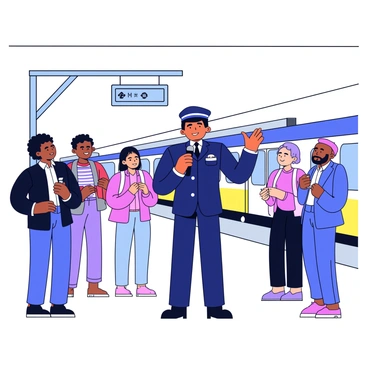 A train conductor in a dark blue uniform stands on a train platform. The conductor holds a microphone and gestures with one hand while making an announcement. Several passengers are gathered around, paying close attention. Some passengers are holding bags and others are looking at their watches, showing a sense of anticipation. The platform has a sign indicating the train destination. A train can be seen in the background, waiting at the station.