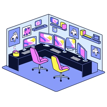 A 3D room designed for gaming. The room has multiple large monitors arranged on a sleek, black desk. Each monitor displays vibrant gaming graphics. LED lights are installed along the edges of the desk and shelves, casting colorful glows throughout the space. There are several modern gaming chairs positioned in front of the monitors, featuring ergonomic designs and colorful accents. The walls are adorned with gaming posters and shelves filled with gaming accessories and collectibles.