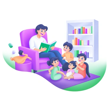 A parent reading a storybook to children gathered around attentively