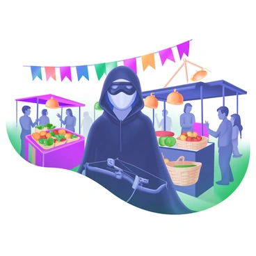 A spy character cleverly hiding a crossbow under a cloak in a bustling market.