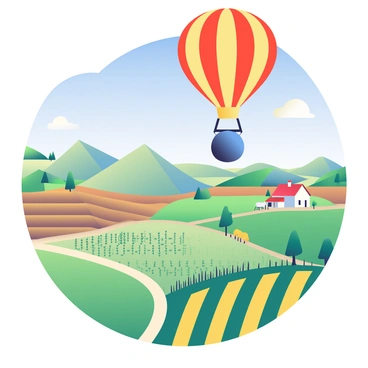A colorful hot air balloon is flying over a patchwork of farmlands below. The balloon has a bright red and yellow design with a large blue cargo net attached underneath. The farmlands are divided into various sections with green and brown fields, interspersed with rows of crop plants. There are small dirt roads winding through the fields, and a few scattered trees dot the landscape. In the distance, a farmhouse with a red roof can be seen, along with a couple of farm animals grazing nearby. The sky is clear and blue, providing a vibrant backdrop to the scene.