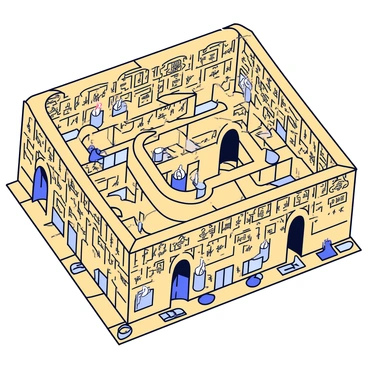 An intricate maze with winding paths located inside an ancient pyramid. The walls of the maze are adorned with various hieroglyphs depicting animals, gods, and symbols of ancient Egyptian culture. The floor is made of worn stone tiles, and the ceiling is high with a slight arch. Flickering torches cast shadows on the walls, highlighting the intricate carvings. At certain points in the maze, there are small alcoves with ancient artifacts displayed.