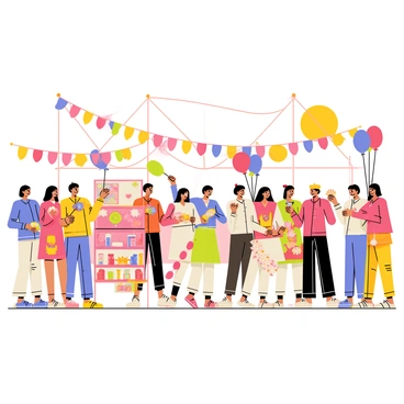 A vibrant festival scene filled with colorful flower decorations hanging from overhead structures. Groups of people wearing traditional clothing in various patterns and colors are engaged in lively conversations and dances. Some individuals are holding decorative fans, while others are enjoying traditional food from vibrant stalls. Balloons and streamers add to the festive atmosphere, while a bright sun illuminates the joyous celebration.